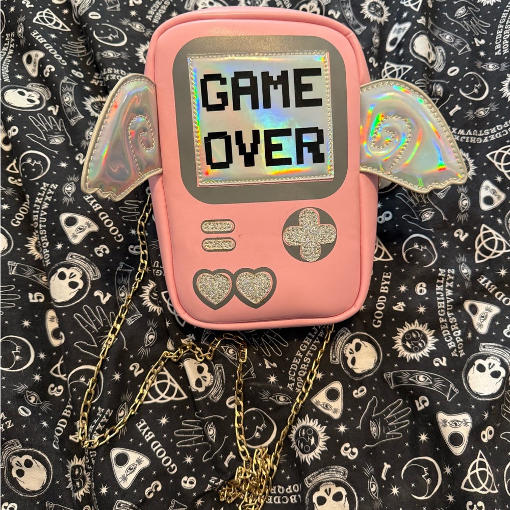 Pink Game Over Crossbody Bag with Holographic Wings